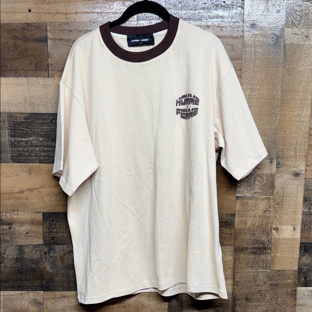 Homme Femme Heavy‎ Duty Crew Neck Short Sleeve T-Shirt in tan and brown Sz Large